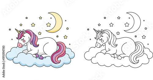 Cute sleeping unicorn on a cloud with moon and stars. Colorful illustration and black and white line art outline for kids coloring book page.