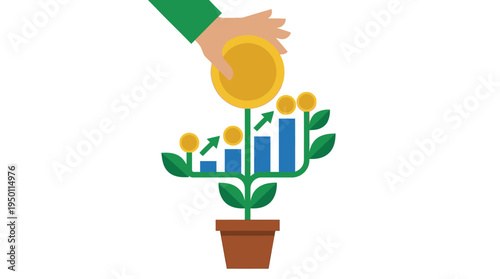 A hand holds a coin over a potted plant with a growing graph in an illustration vector.