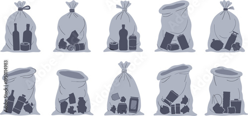 Trash Bags Filled with Various Waste Items in Black and White Illustration for Waste Management