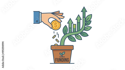 A hand holds coins to fund a growing plant vector illustration with arrows.