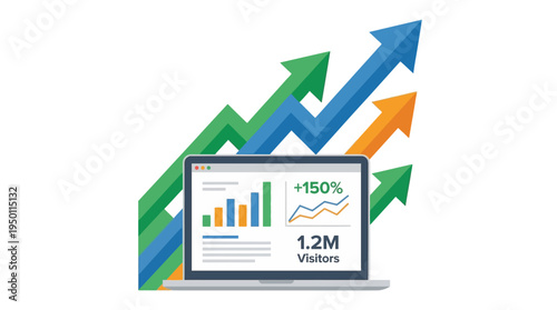 Vector illustration of a laptop showing a graph with arrows pointing upward.