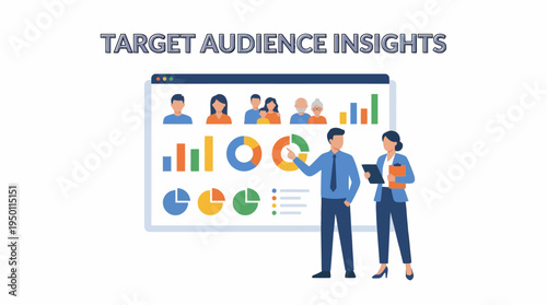 Business professionals analyze vector illustration of target audience insights on screen