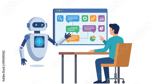 Robot and man discuss illustration vector on large screen at office desk.