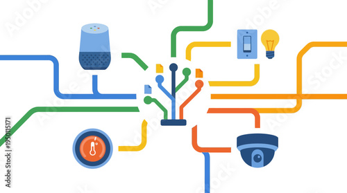 The vector illustration showcases various smart home devices connected through colorful wires in a modern setting.