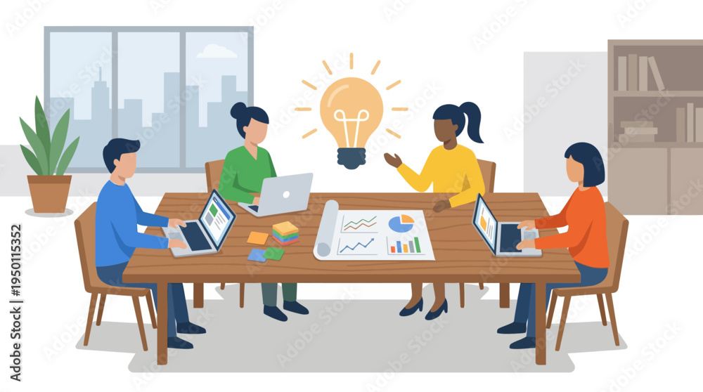 Fototapeta premium A vector illustration of people brainstorming ideas around a table with laptops and papers in a modern office setting.