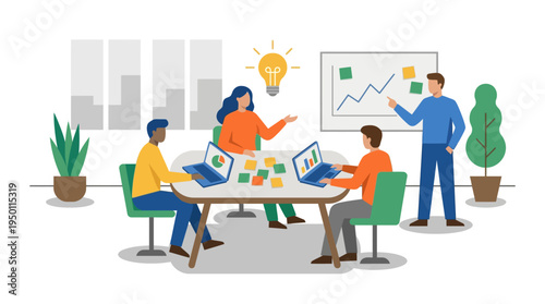 Business team gathers for a meeting with laptops and colorful sticky notes in office