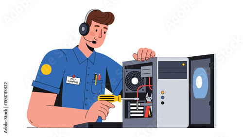 Tech Repair: A skilled technician diligently repairs a computer, headset and holding tool with precision. Emphasizing the important of computer maintenance.