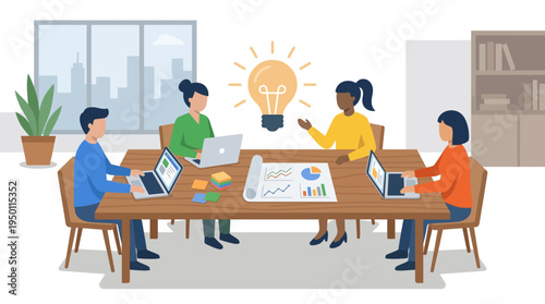 A vector illustration of people brainstorming ideas around a table with laptops and papers in a modern office setting.