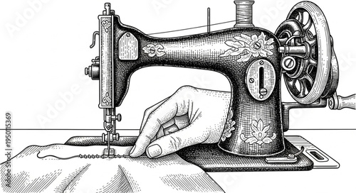 Vintage Sewing Machine in Operation with Hand Guiding Fabric.