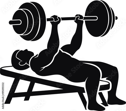 A person performing a bench press exercise with a barbell and weight plates