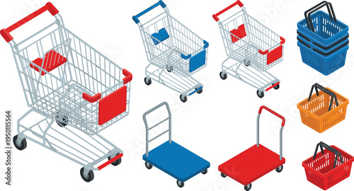 Isometric shopping carts and baskets set, supermarket trolley and warehouse flatbed cart vector illustration collection