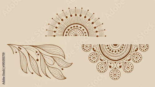 A decorative design set featuring a sun, leaf, and mandala on a beige background with intricate patterns and dots.