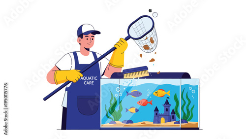 Aquarium Maintenance: A diligent individual meticulously cleans a fish tank. Carefully removing debris with a net and tending to the aquatic environment for optimal health.