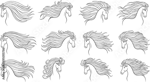 Line Art Illustrations of Horses with Flowing Manes in Black and White Design