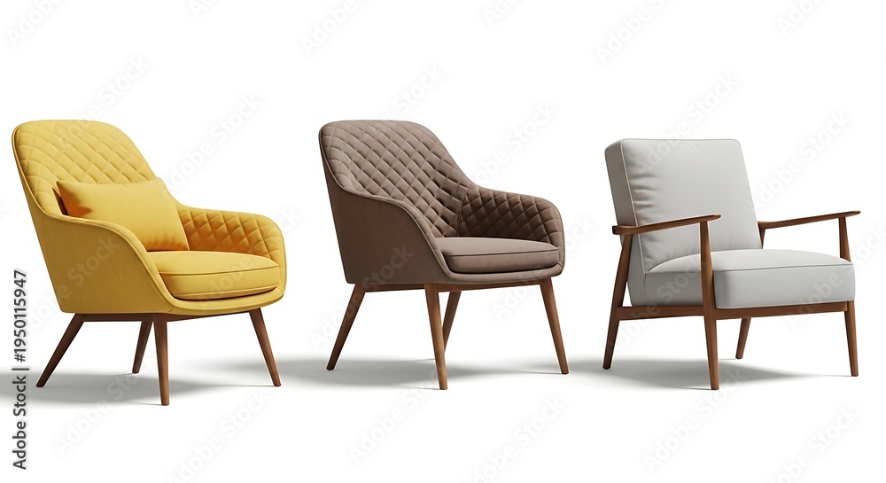 Obraz premium Three modern mid century armchairs with quilted fabric upholstery isolated on white background for interior design