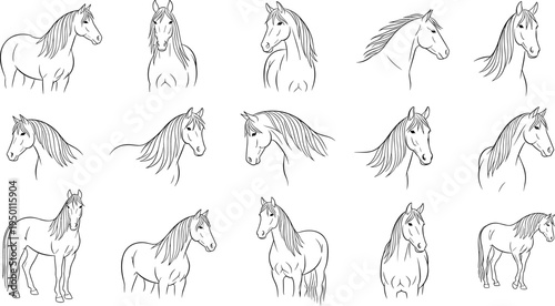 Line Art Illustrations of Horses with Flowing Manes in Minimalist Black and White Design