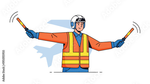 Aviation Ground Crew: A dedicated ground crew member, equipped with signal batons, meticulously directs an aircraft on the tarmac, ensuring safe and precise movement.
