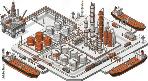 Isometric oil refinery and industrial port, offshore platform with cargo ships and fuel tanks vector illustration