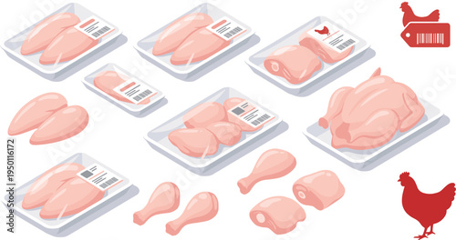 Isometric raw chicken meat packaging set, fresh poultry cuts in plastic trays vector illustration collection