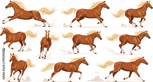 Running Horses with Flowing Manes in Dynamic Galloping Motion Illustration