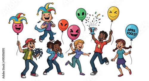 A group of diverse children running and playing with colorful balloons and emojis in a lively scene against a clean white background.