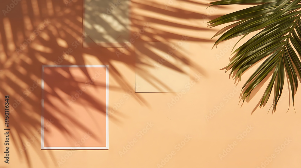 Fototapeta premium Tropical palm tree shadows on peach wall with white frame