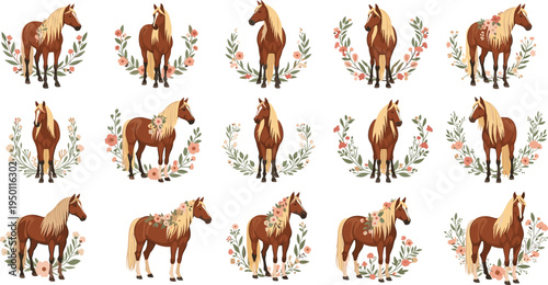Elegant Horses with Floral Wreaths in Nature-Inspired Design Illustration