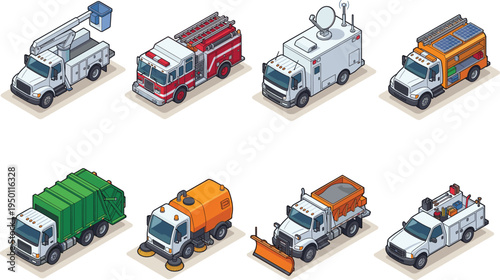 Isometric municipal utility vehicles set, city service trucks collection, emergency and maintenance transport vector illustration