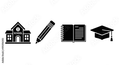 Education icons with school building.