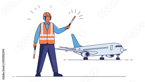 Ground Crew Directing Aircraft: An airport ground crew member directs an aircraft on the tarmac. This image evokes efficiency and guidance.