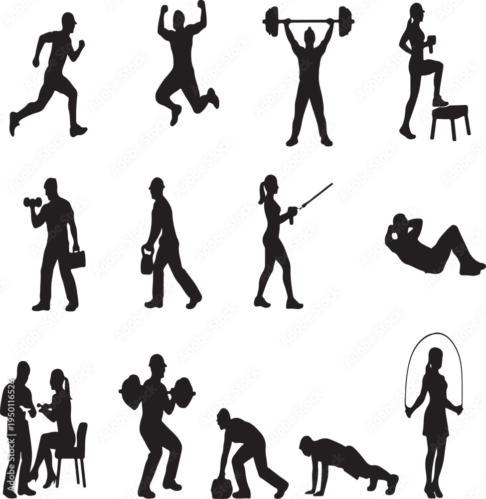 Obraz premium Set of black silhouettes featuring people in various poses: walking, running, sitting, and standing. Isolated vector human figures on a white background.