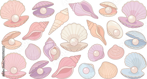 Set of pastel seashell vector illustrations with pearls in open scallops and spiral conch shells