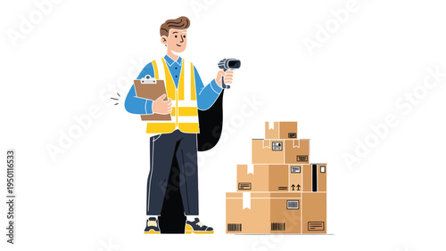 Konstfotografi Warehouse Efficiency: An illustration captures a delivery worker meticulously scanning packages, highlighting the pivotal role of streamlined logistics and precise inventory management