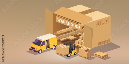 Logistics and fulfillment service concept with 3D warehouse inside cardboard box, forklift loading boxes into delivery van, supply chain distribution and e-commerce shipping illustration.
