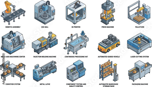Set of isometric industrial machinery vector illustrations for smart factory automation and manufacturing process icons