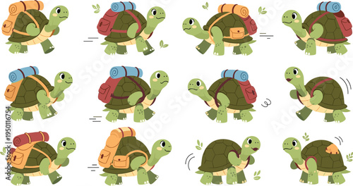 Cartoon Tortoises with Backpacks on Hiking Adventure in Playful Nature-Inspired Design