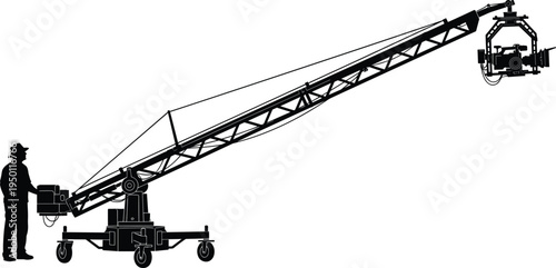 Camera crane silhouette with operator filming scene, professional movie production equipment cinematography filming vector illustration