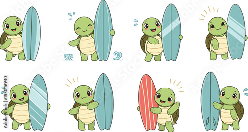 Cute Cartoon Turtle with Surfboard in Fun and Playful Beach Scene Illustration