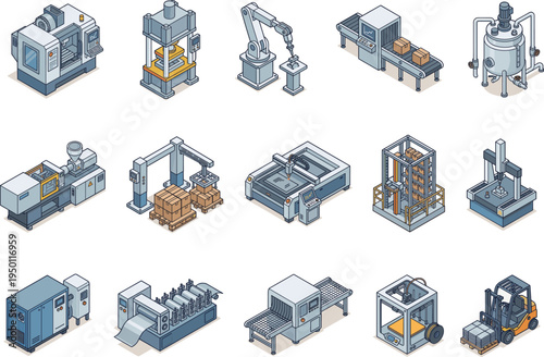 Set of isometric industrial machinery vector illustrations for smart factory automation, heavy manufacturing, and warehouse logistics