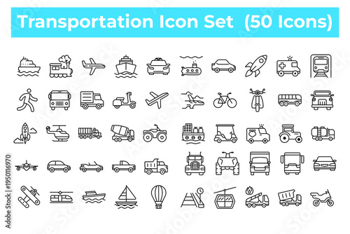 Transportation line icon set with cars trucks planes ships train bike and public transport