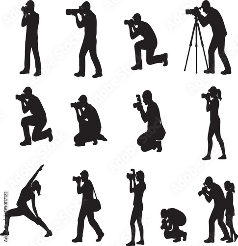 Silhouette collection of photographers models and studio equipment in black