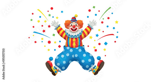 A cheerful clown jumping in the air with colorful confetti and streamers on a white background, conveying a joyful mood with a playful and celebratory atmosphere.