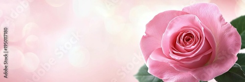 Romantic pink rose with soft blurred backdrop, dreamy pastel tones, elegant template with copy space