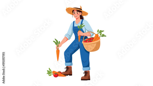 Harvest Bounty: A farmer lovingly tends to her harvest, carefully collecting fresh vegetables in a sunlit garden, embodying the essence of rural life and the rewards of hard work.