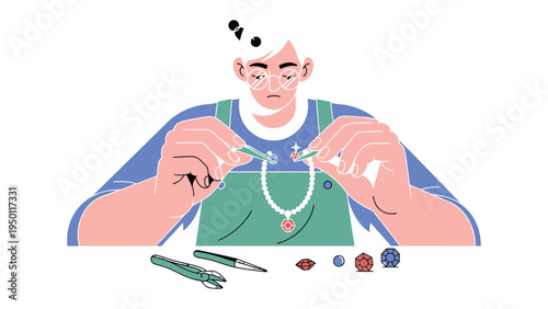 Crafting Jewels: An artisan delicately works on jewelry. Precision, artistry, and passion merge. It is illustration image