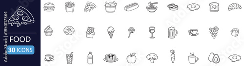 food and drink outline icon set, fast food restaurant symbols