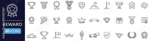 reward and victory trophy icon set, minimal outline achievement symbols