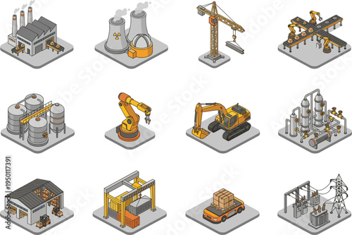 Isometric industrial infrastructure set with factory, nuclear power plant, shipping port, and construction site,