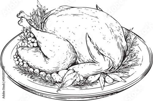 elegant black and white outline drawing of a roasted whole turkey, ready for holiday and dinner branding
