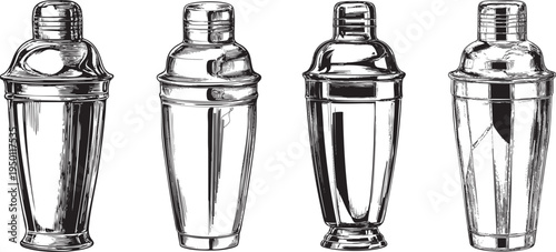 minimalist black and white outline drawing of a professional cocktail shaker, perfect for bar and mixology imagery